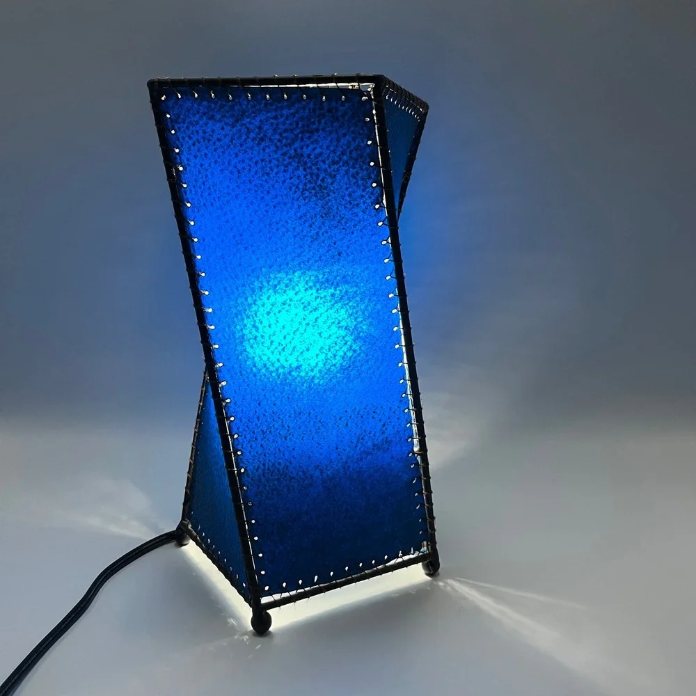 Vtg 90s Y2K Twisted Geometric Table Lamp Blue Rawhide‎ Stitched Shade  Skin Lamp
